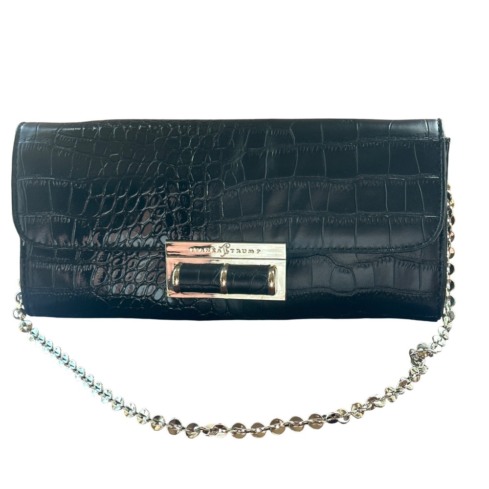 Ivanka Trump Clutch Bag Black Croc Embossed Faux Leather Silver Chain Strap